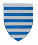 A shield with twelve silver (white ) and blue horizontal stripes