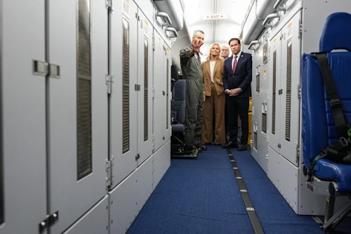 Minister Gunnarsdóttir and Secretary Rubio being briefed aboard a P8 aeroplane at Keflavík Air Base.